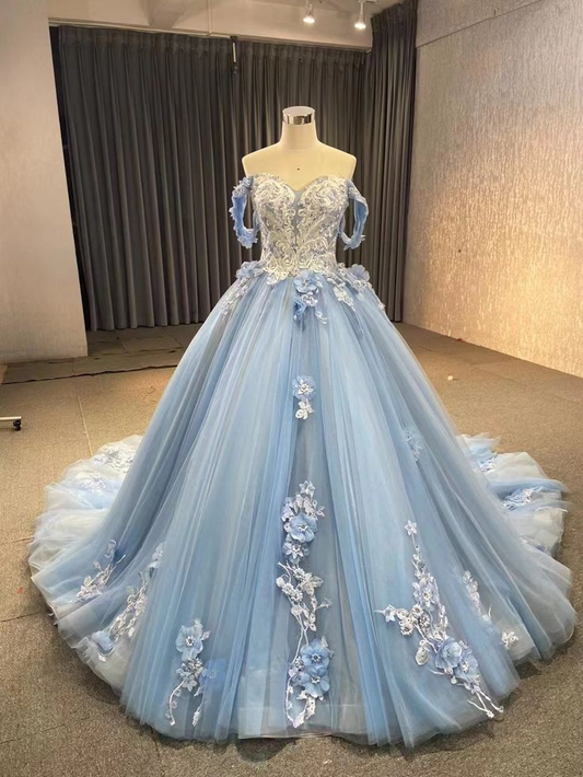 Blue Off The Shoulder Lace Tulle Ball Gown,Sweet 16 Dress Y6855