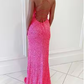 Cute Sheath Scoop Neck Straps Orange Sequins Prom Dresses with Slit Y1400