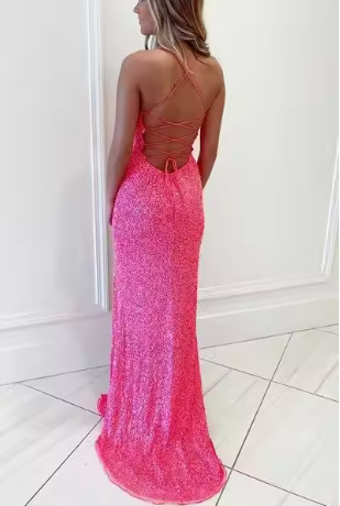 Cute Sheath Scoop Neck Straps Orange Sequins Prom Dresses with Slit Y1400