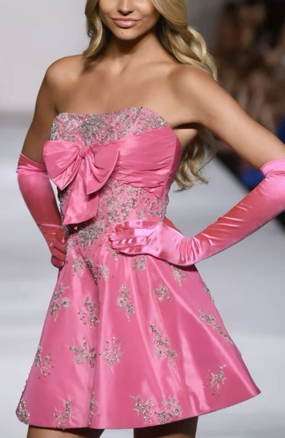 Elegant Hot Pink Satin Sequin Beaded Homecoming Dress Strapless Cocktail Dress With Gloves Y8949