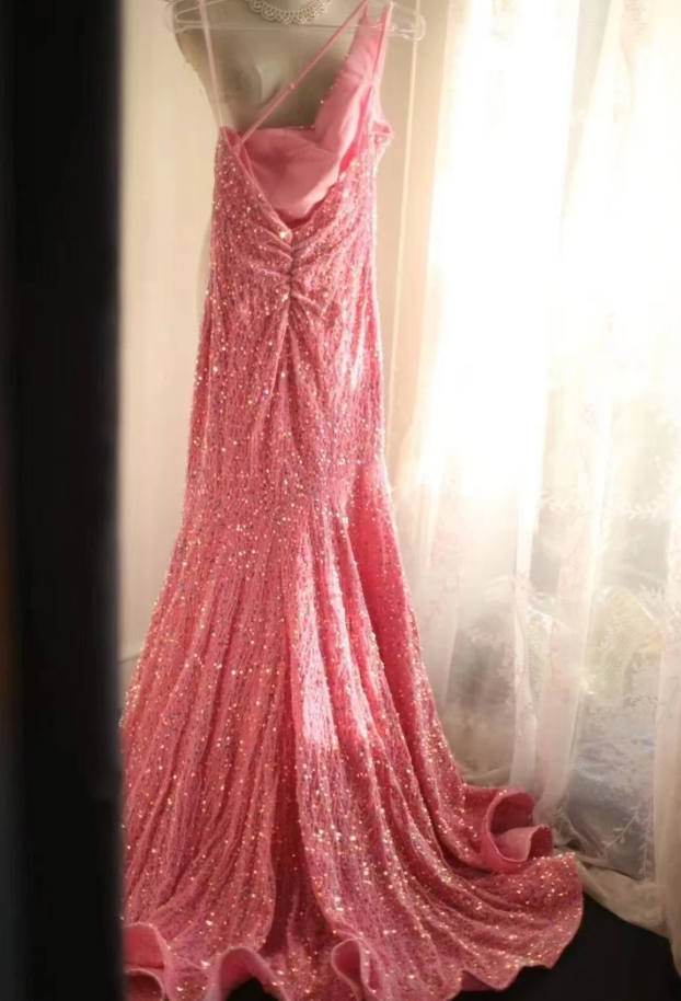Shiny One Shoulder Pink Sequin Mermaid Evening Dress Long Wedding Guest Dress SP1171