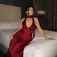 Elegant Burgundy V Neck Satin Long Party Dress Birthday Outfits SP946
