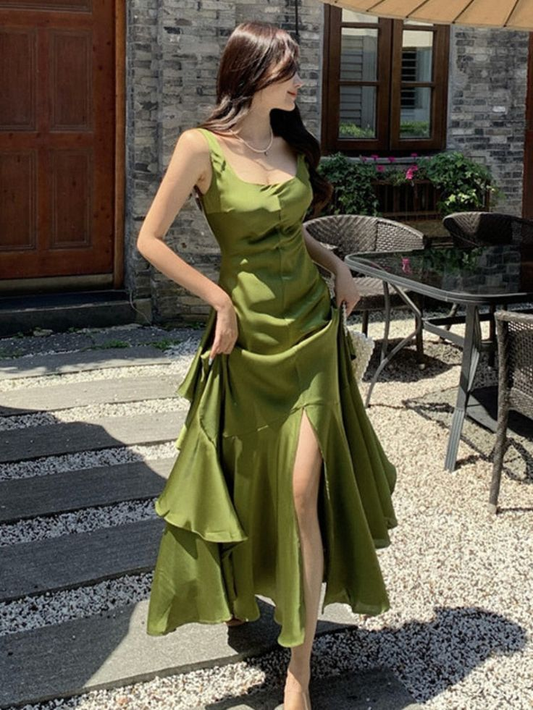 Women's Green Prom Dress Satin Mermaid Tail Bigwing Lotus Leaf Holiday Dress Y7281