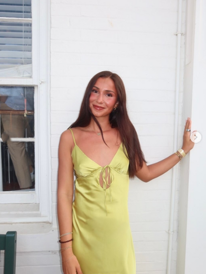 Simple Spaghetti Straps V Neck Satin Long Party Dress Prom Gown Yellow Green Wedding Guest Dress SP2321