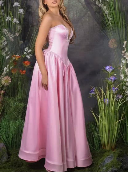 Elegant Pink Strapless Satin Beaded A Line Long Party Dress Birthday Prom Dress SP3027