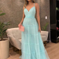 Charming A Line V Neck Tulle Long Prom Dresses Y5547