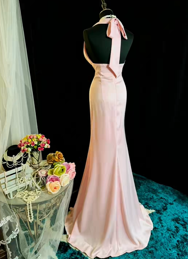 Pretty Pink Halter Satin Ruffles Mermaid Long Evening Dress Prom Gown SP2374