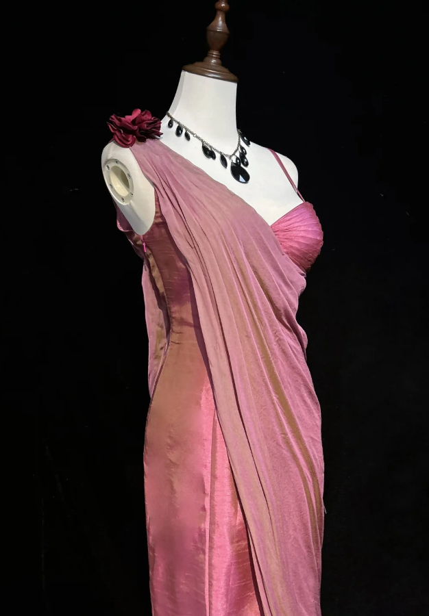 Pretty Spaghetti Straps Pink Neck Satin Pleated Mermaid Long Wedding Guest Dress Party Gown SP1282