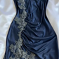 Vintage Navy Blue Satin Lace Appliques Mermaid Evening Dress Prom Dress Y8497