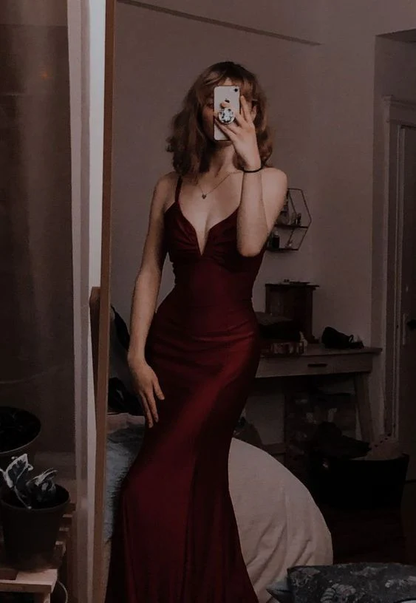 Spaghetti Straps Burgundy Mermaid Long Prom Dress S20254