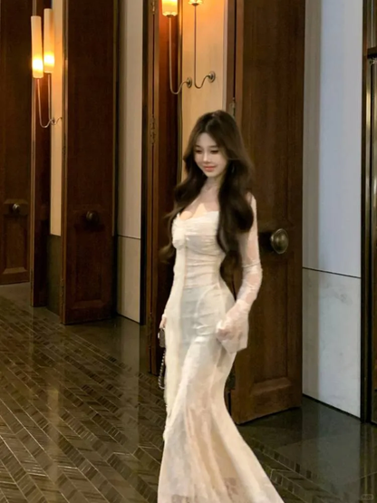 Glamorous White Lace Mermaid Long Prom Dress Birthday Evening Gown SP2296
