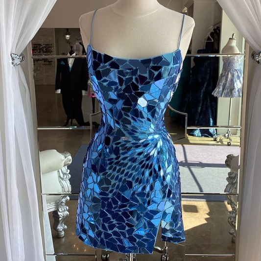 Luxurious Blue Spaghetti Strap Sequin Sheath Short Graduation Homecoming Dress Cocktail Dress Y9132