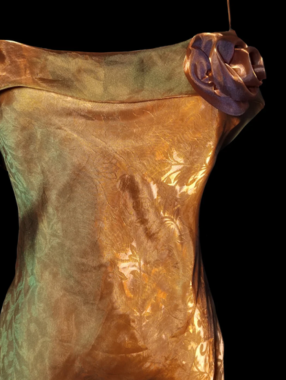 Vintage Spaghetti Straps Gold Satin Mermaid Evening Dress Long Prom Gown SP473