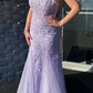Lilac Spaghetti Straps Lace Appliques Mermaid Prom Dress Long Evening Gown Y7933