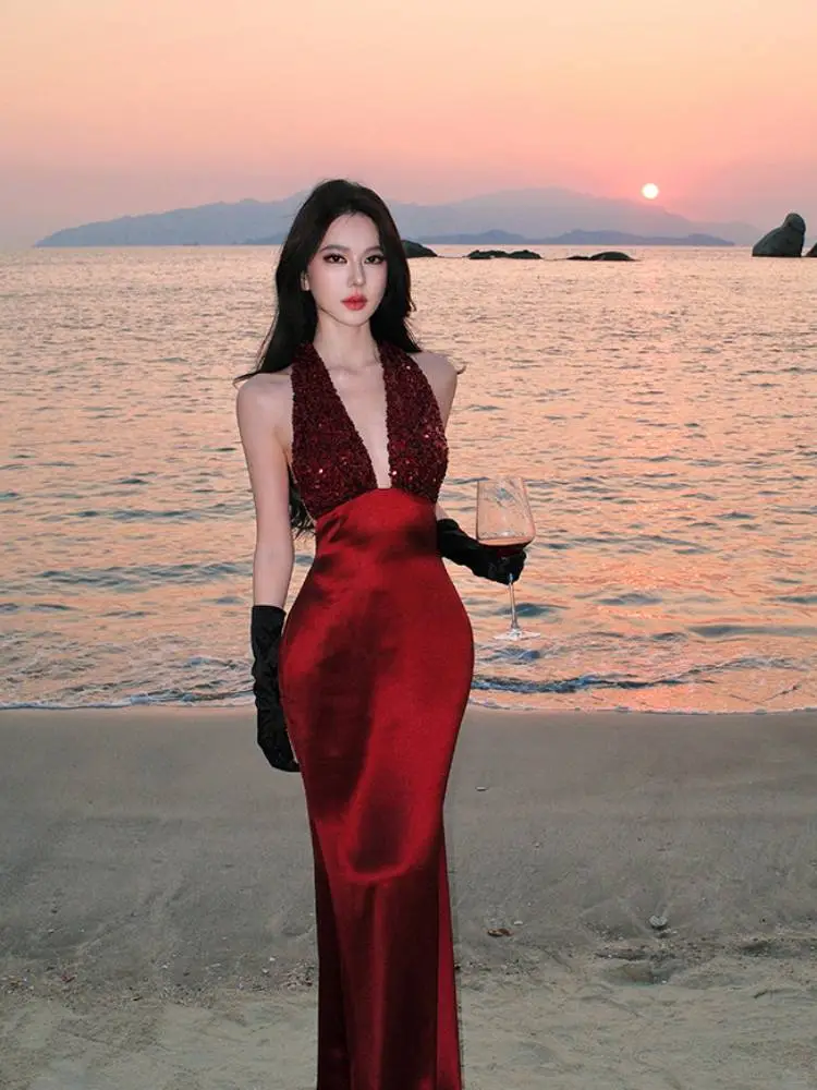 Sexy Halter Sequin Satin Mermaid Long Evening Dress Red Backless Birthday Prom Gowns SP2288