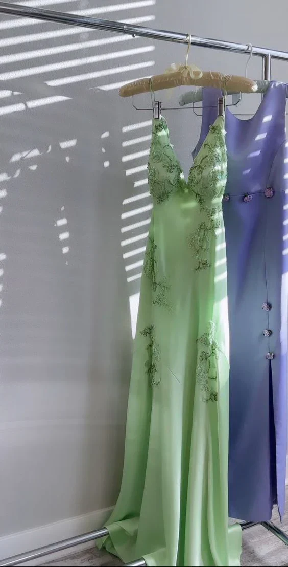 Fashion Mint Green Spaghetti Straps Lace Beaded Prom Dress Evening Party Gown Y7530
