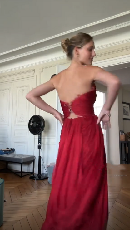 Sexy Red Strapless Lace Tulle Pleated Long Party Dress,Formal Wedding Guest Dress SP3106