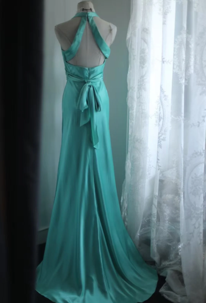 Elegant Green Halter Satin Mermaid Long Wedding Guest Dress Party Dress SP1263