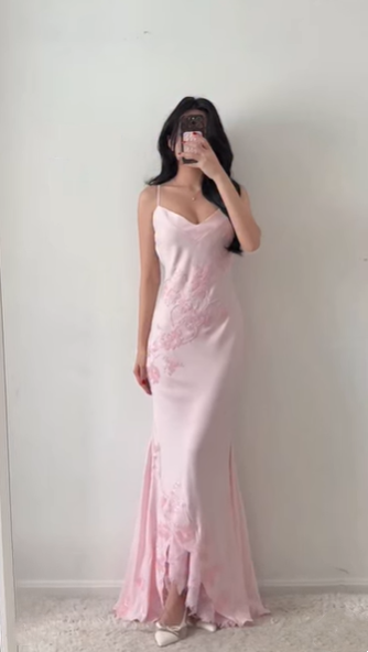 Classy Spaghetti Straps Pink V Neck Satin Mermaid Long Party Dress Birthday Prom Gowns SP2315