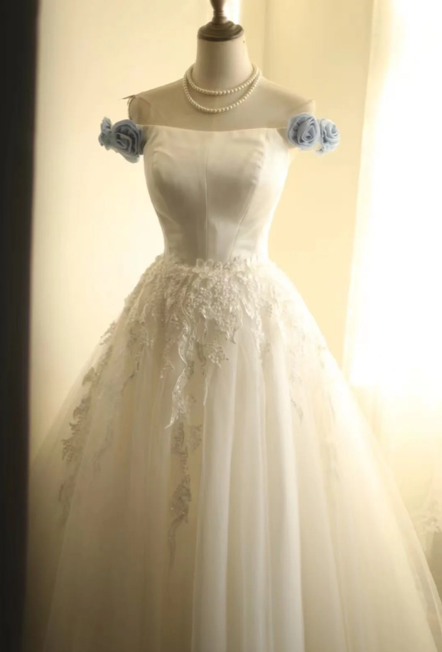 Pretty Off The Shoulder White Tulle Sequin Appliques Long Wedding Dress SP1245