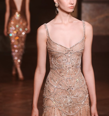 Luxurious Spaghetti Straps Champagne Tulle Beaded Mermaid Evening Dress Formal Prom Dress SP550