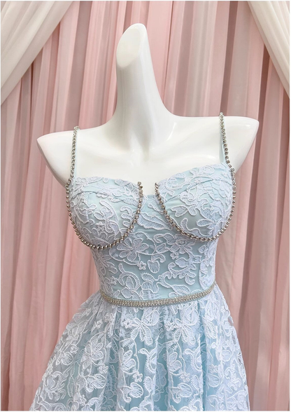 Cute Blue Lace Spaghetti Straps Beaded Homecoming Dress Mini Birthday Party Gown Y8824