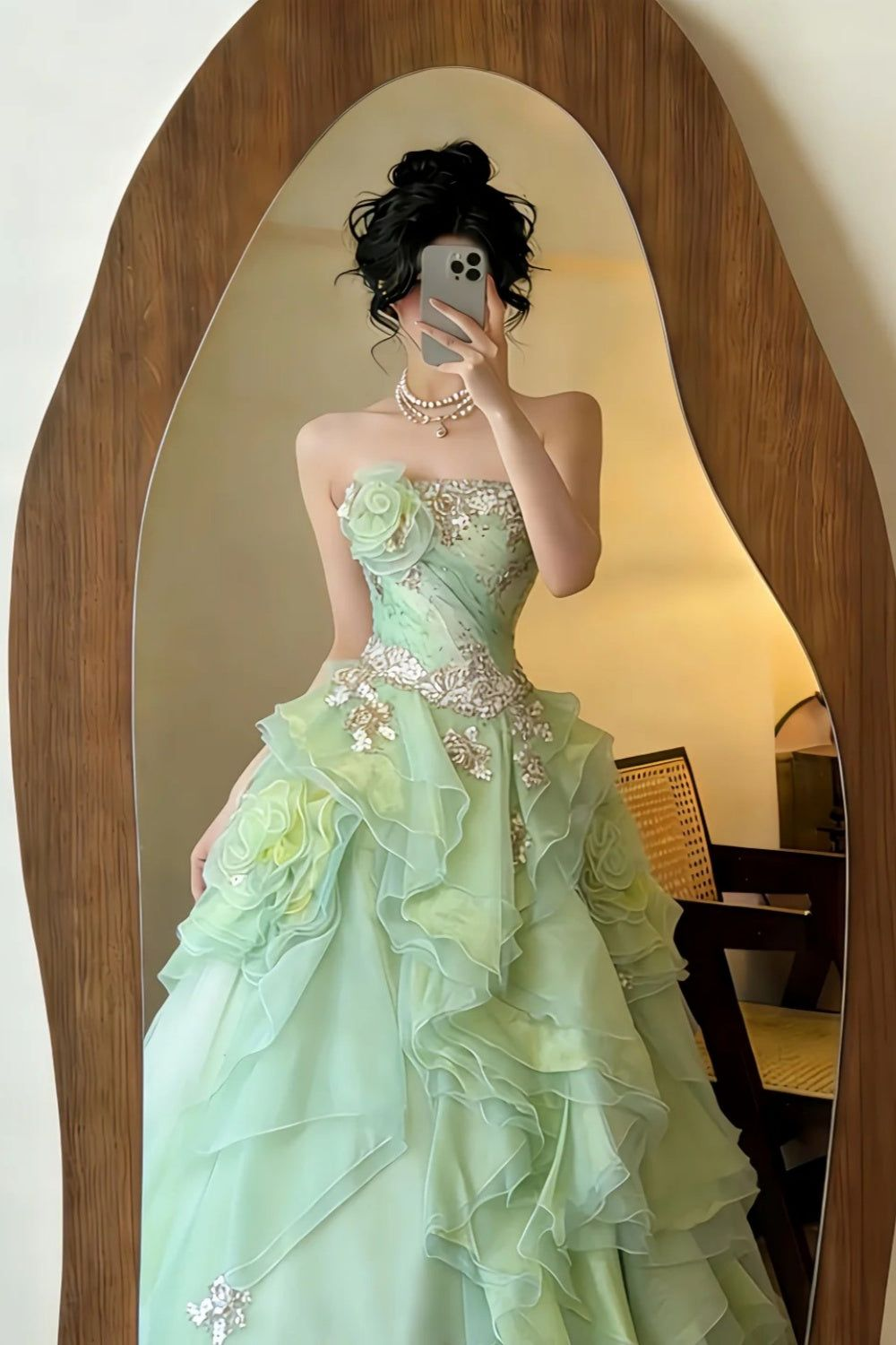 Glamorous Strapless Sequin Organza Ruffles Layered Ball Gown Mint Green Long Party Dress With 3D Floral SP1680
