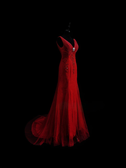 Classy V Neck Red Satin Tulle Long Mermaid Evening Dress Prom Dress SP130