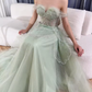 Sage Green A-Line Off The Shoulder Tulle Beaded Evening Dress,Formal Prom Dress Y8157