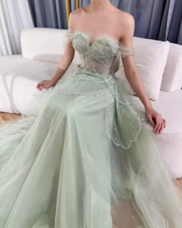 Sage Green A-Line Off The Shoulder Tulle Beaded Evening Dress,Formal Prom Dress Y8157