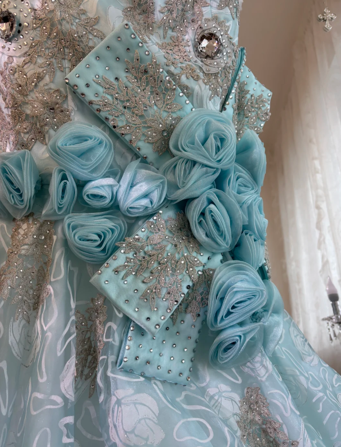 Charming Spaghetti Straps Tulle Rose Floral Mermaid Prom Dress, Blue Appliques Beaded Long Birthday Party Dress SP1464