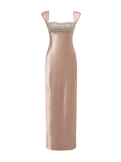 Classy Blue Satin Beaded Long Party Dress Formal Evening Dress SP2054