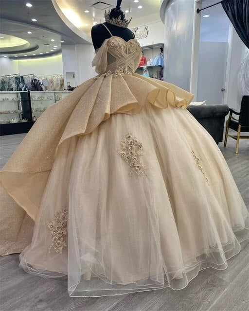 champagne quinceanera dresses Sparkly Champagne Princess Ball Gown Quinceanera Dresses Elegant Strap – Simplepromdress