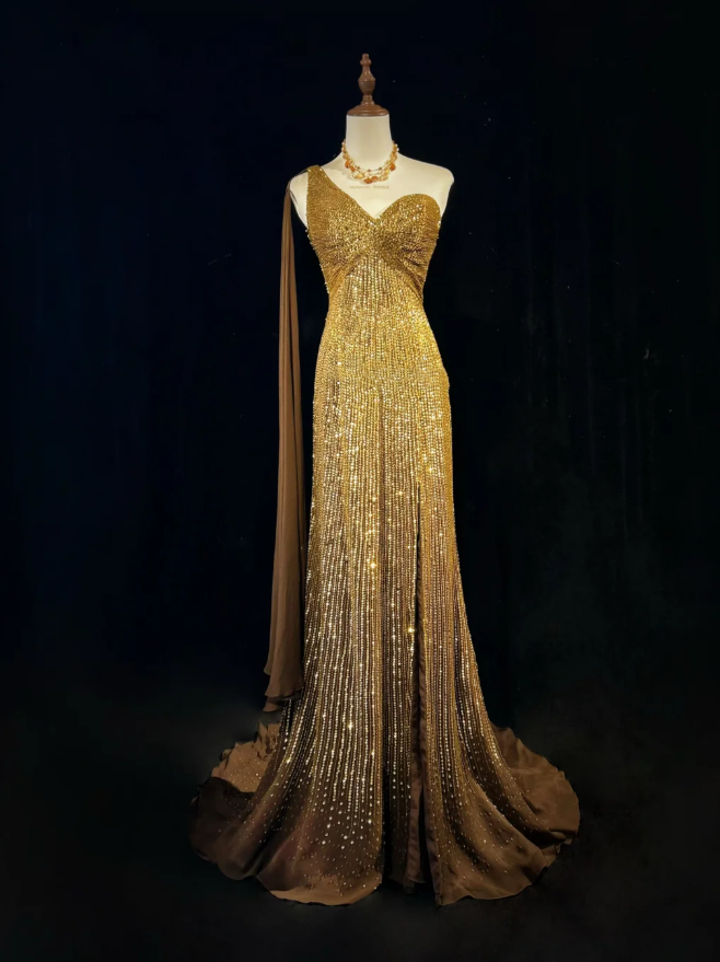 Gorgeous One Shoulder Gold Sequin Beaded Mermaid Long Prom Dress Party Gown SP1857