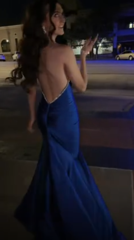 Elegant Blue Backless Party Dress Halter Satin Beaded Memriad Long Evening  Dress SP4230