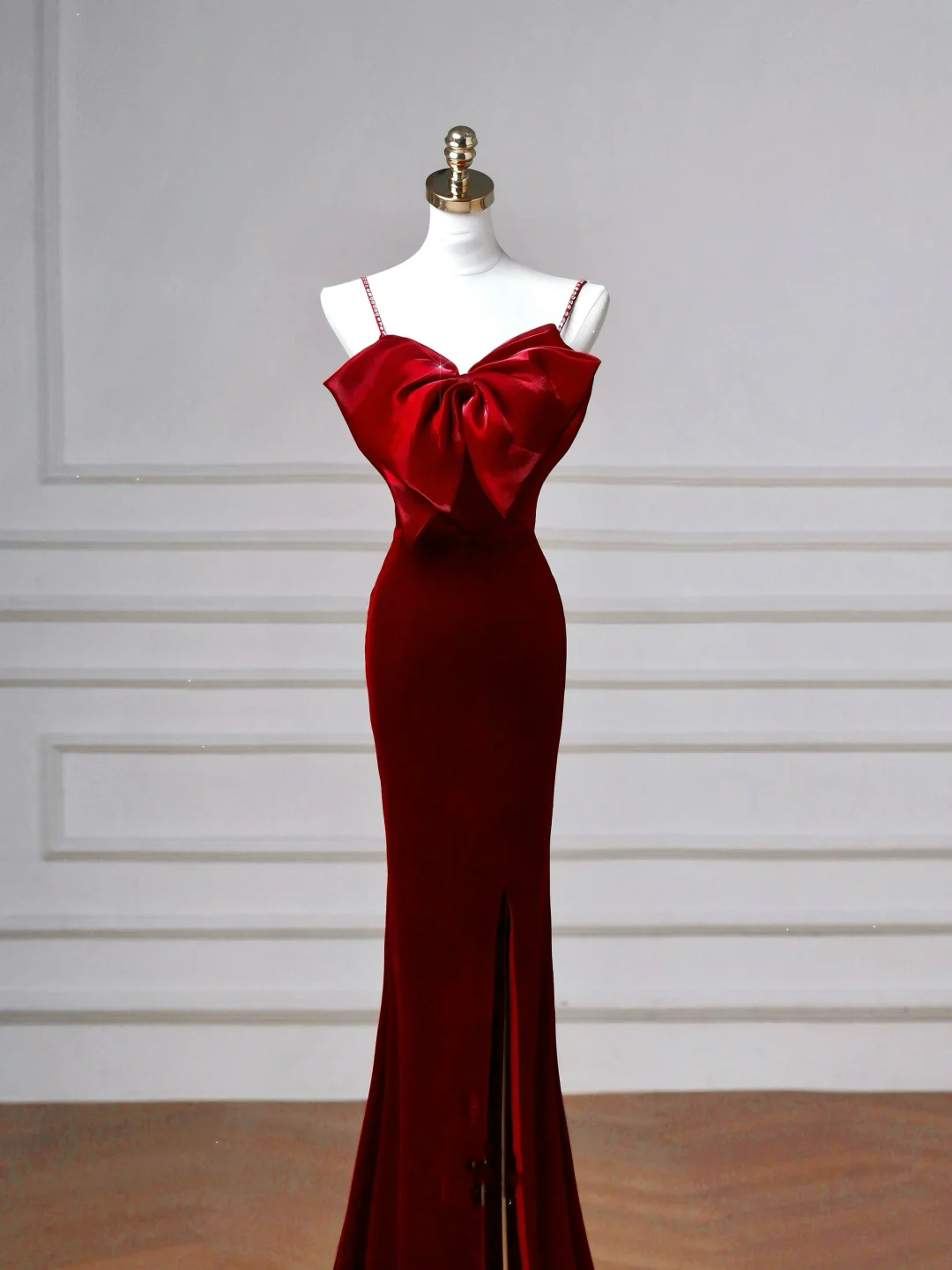 Charming Burgundy Velvet Slit Mermaid Evening Dress Long Prom Dress Y8603