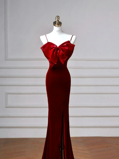 Charming Burgundy Velvet Slit Mermaid Evening Dress Long Prom Dress Y8603