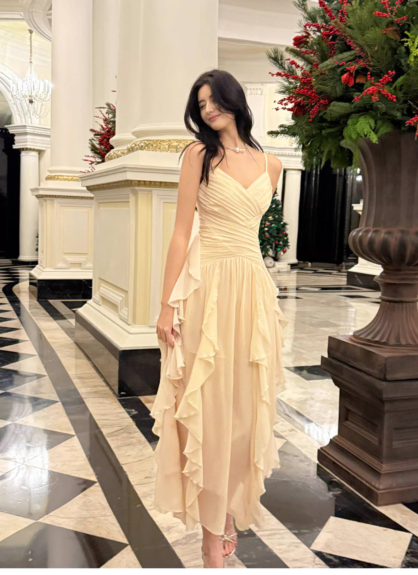 Classy White Spaghetti Straps Chiffon Ruffles Long Wedding Guest Dress Party Dress SP2011