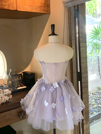 Elegant Sweetheart Neck Tulle Lace Beaded Appliques A Line Short 16th Birthday Outfits Purple Mini Homecoming Dress SP2364