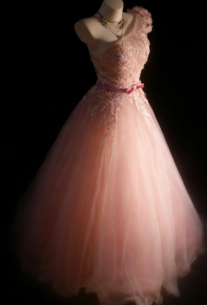 Glamorous Pink One Shoulder tulle Sequin Appliques Long Evening Dress Birthday Dress SP1845