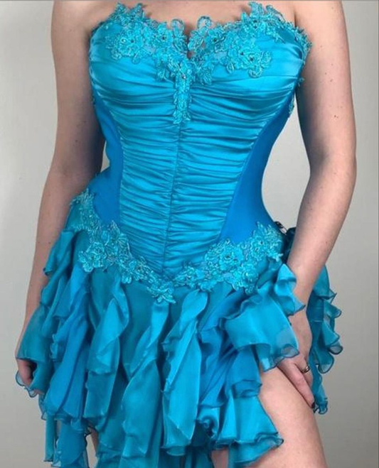 Gorgeous Strapless Blue Chiffon Appliques A Line Short Homecoming Dress 18th Birthday Outfits SP96