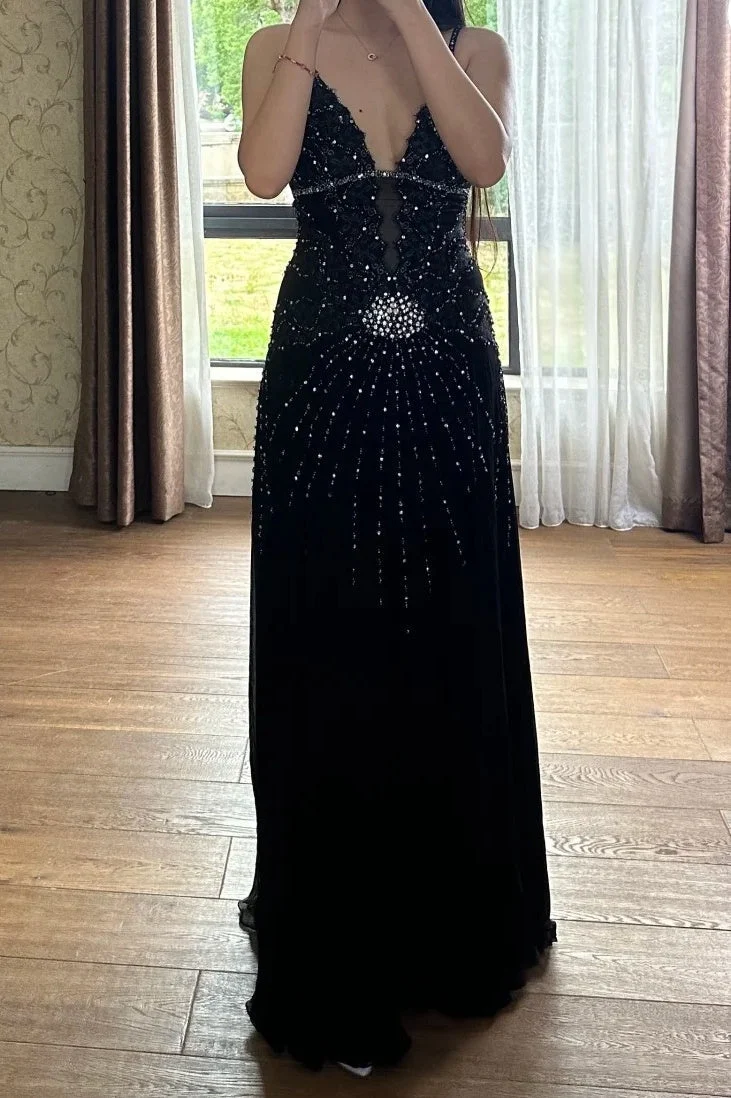 Sexy Black Spaghetti Straps Chiffon Beaded Long Prom Dress Party Gown SP3848