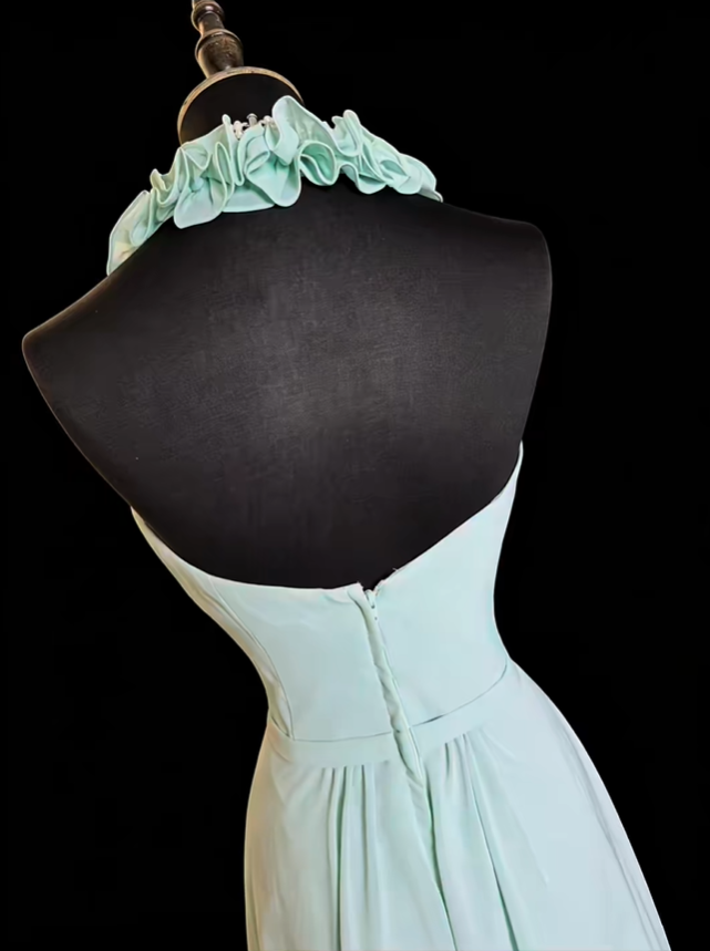 Elegant Mint Green Chiffon A Line Long Wedding Guest Dress Halter V Neck Long Evening Dress SP2372