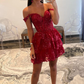 Red Off the Shoulder Sheer Corset Tiered Ruffles Homecoming Dress Y2822