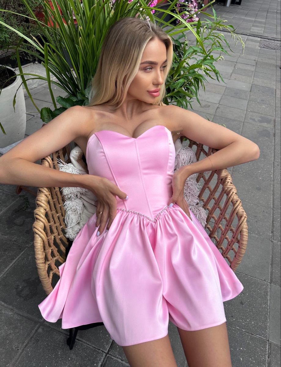 Sweet Pink Satin Beaded A Line Short Graduation Homecoming Dress,Strapless Mini Prom Dress SP3314