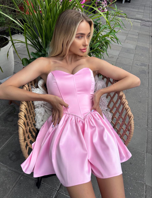Sweet Pink Satin Beaded A Line Short Graduation Homecoming Dress,Strapless Mini Prom Dress SP3314