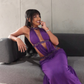 Sexy Halter Purple Satin Beaded Mermaid Long Party Dress Formal Birthday Prom Gowns SP1341