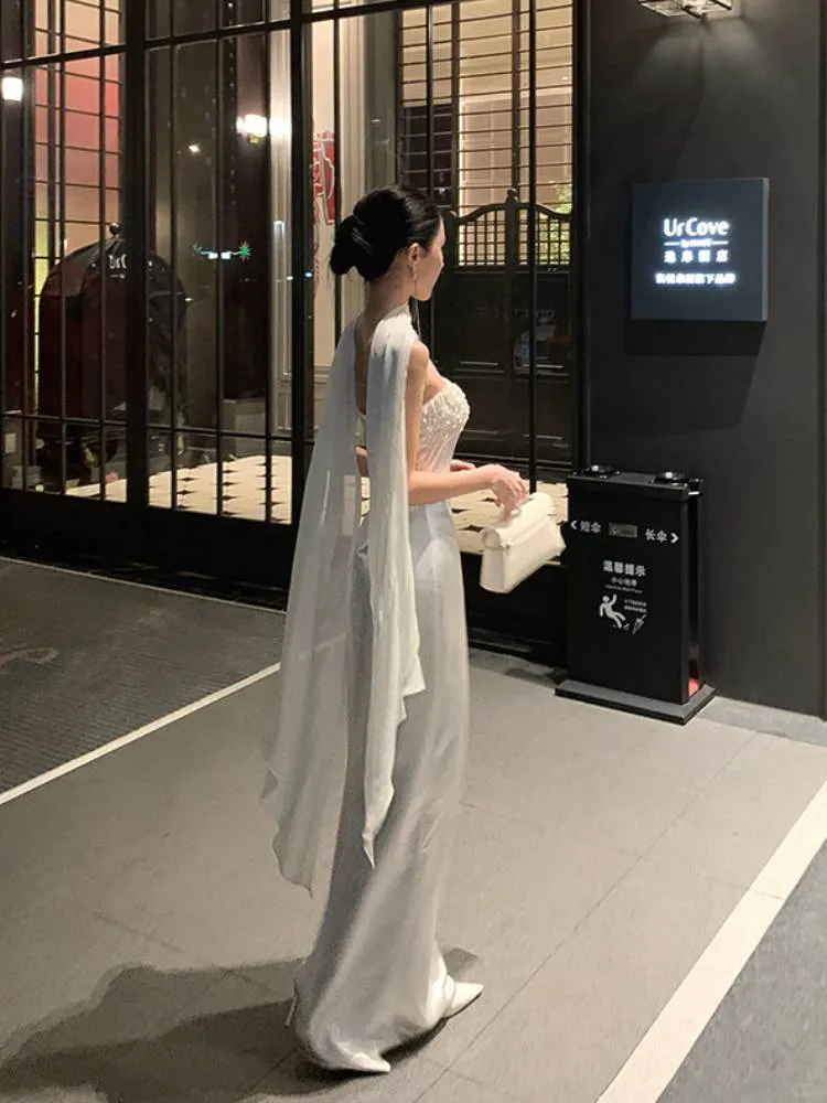 Elegant White Strapless Satin Floral Sheath Long Evening Dress Birthday Dress With Scarf SP2290