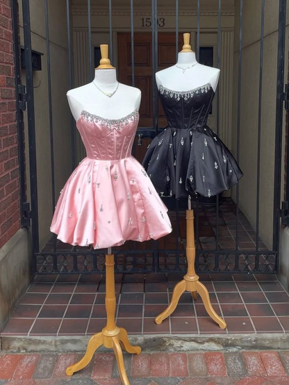 Elegant Black Strapless Satin Beaded A Line Short Cocktail Dress Formal Graduation Homecoming Dress Y9081