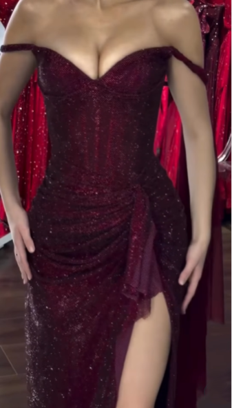 Shiny Burgundy Off The Shoulder Sequin Slit Mermaid Party Dress Long Wedding Guest Dress SP1340